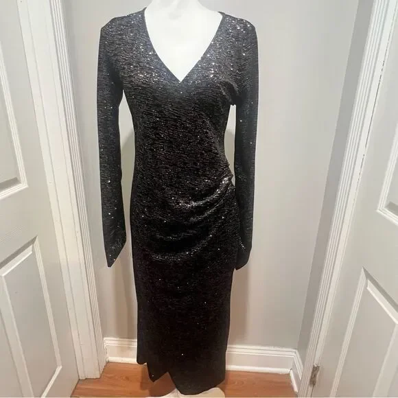 NWT Misa Los Angeles Black Sequin Long Sleeve midi dress size large